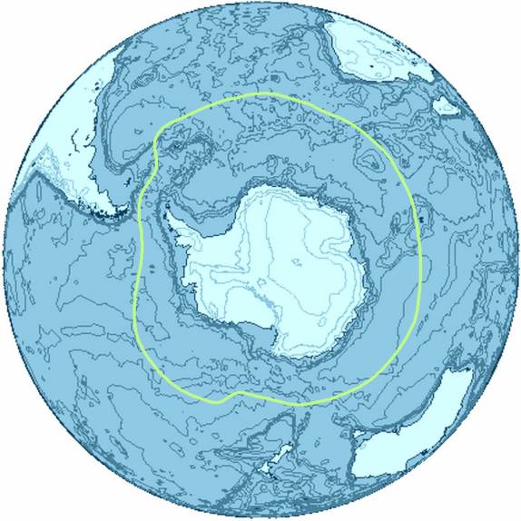 A linha da Convergência Antártica. Ao sul dela, as águas polares da Antártida predominam. Falkland está ao norte. Geórgia do Sul estão ao sul